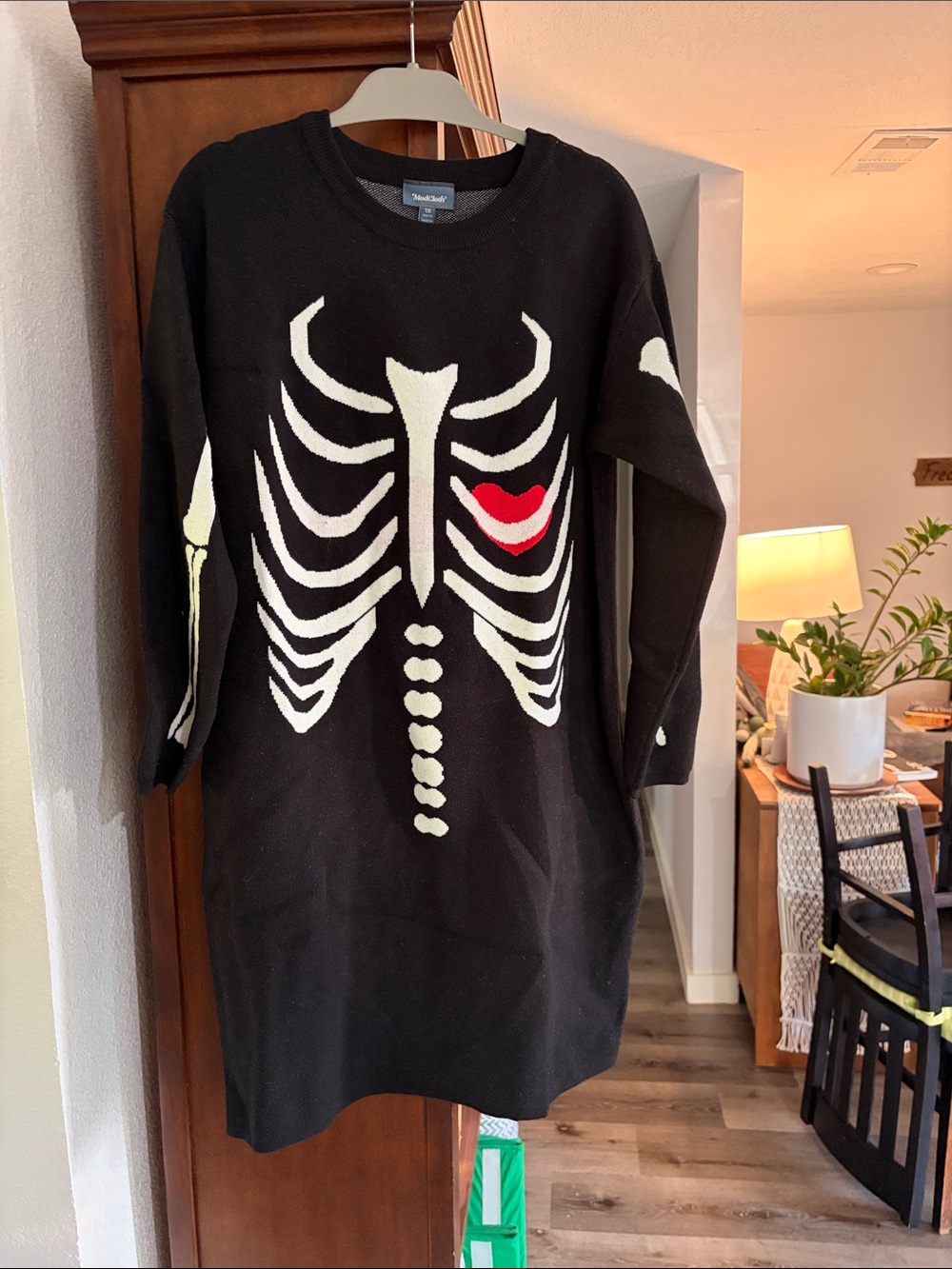 ModCloth Black Long-Sleeve Skeleton Knit Dress with Red Heart Accent
